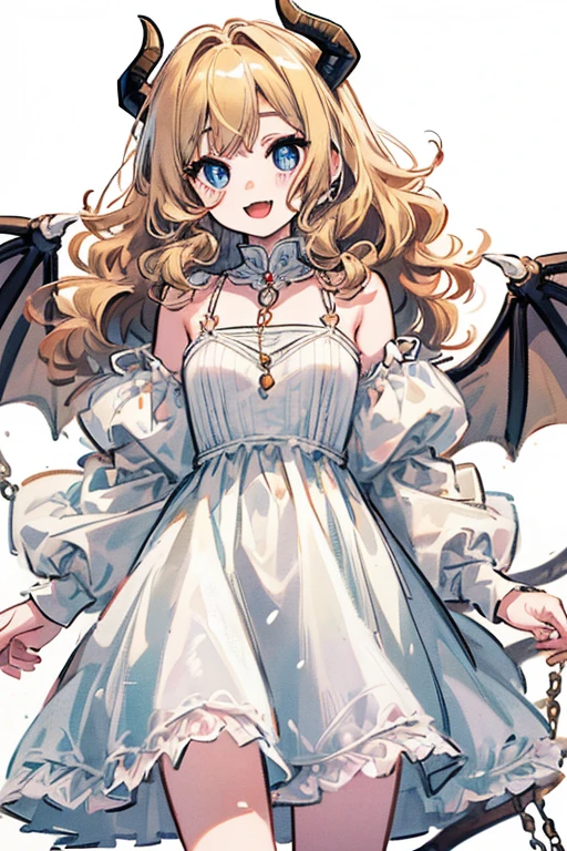 ((Masterpiece:1.5, Best Quality, High Resolution:1.3, Super Resolution, Super Detailed, Ultra Detailed:1.3, Perfect Anatomy:1.5, 1 girl) Pale skin + long blonde curly hair + Hazel eyes + Long eyelashes + Feminine figure, Small chest, Wide hips (Simple white dress, Necklaces, White horns, Fangs, Dragon tail and wings) ((Pretty eyes, Happy and smiling expression))