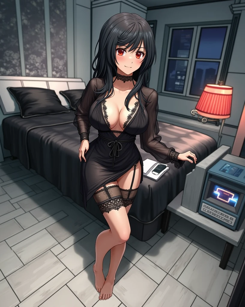 (SAFE FOR WORK), 1 female, Yusuke Murata style, Fubuki from One Punch Man, anime-style face, sexy face, high angle, aerial view, laying down, really wet body, longer face, short black hair, fully lidded eyes, green eyes, puckered lips, no lipstick, slim/toned body, extremely slim waist, arched back, perfect hour glass shape, skin shine, GGG breasts, perfect ass, black translucent robe, flowing black robe, black stockings, jeweled navel piercing, large hoop earrings, multiple jewellery across chest, 5 pearl necklaces, sitting on lounge chair, night, detailed city background, futuristic city, penthouse, lots of skyscrapers, Tokyo, Japanese symbols neon lights, volumetric lighting, thick thighs, more details, both hands across chest, tiny hearts floating above head