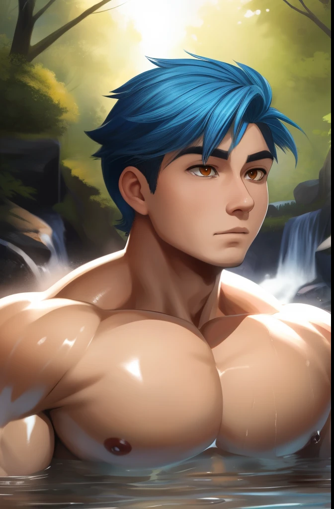 ((masterpiece)), ((best quality)), (ultra-detailed), absurdres, extremely detailed CG unity 8k wallpaper, Official Art, Accurate describe shapes, beautiful face, detailed hands, expressive eyes, upper body, looking at viewer, solo, (realistic), close-up, (standing, arm at side, smile:1.2), (forest, scenery, illustration, dramatic light:1.1), (1boy, mature male, muscular male, blue hair, long hair, low ponytail, red eyes:1.4), (blue leggings, body paint, earrings, crescent necklace:1.3), cu chulainn \(fate\), ,((masterpiece)), absurdres, HDR, genderswap \(mtf\), cu chulainn - lancer - second ascension (fate), <lora:Cu Chulainn - Lancer - Fate Series:0.7> <lora:epi_noiseoffset2:0.7> <lyco:GoodHands-beta2:1>