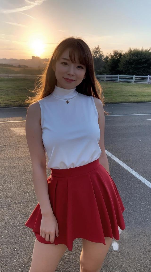 detailed,Clear lines,Best Quality, masterpiece,Bright and dark light,Big Sunset、Canon Photo Crystal Clear ,（Realistically:1.2）, (Red Casual Mini Skirt Dress)、Action pose、Cowboy Shot、A sloppy smile、Glamour body type、Medium Long Hair、((wind))、 seat