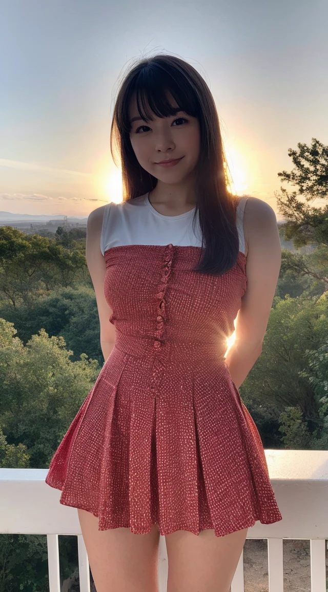 detailed,Clear lines,Best Quality, masterpiece,Bright and dark light,Big Sunset、Canon Photo Crystal Clear ,（Realistically:1.2）, (Red Casual Mini Skirt Dress)、Action pose、Cowboy Shot、A sloppy smile、Glamour body type、Medium Long Hair、((wind))、 seat