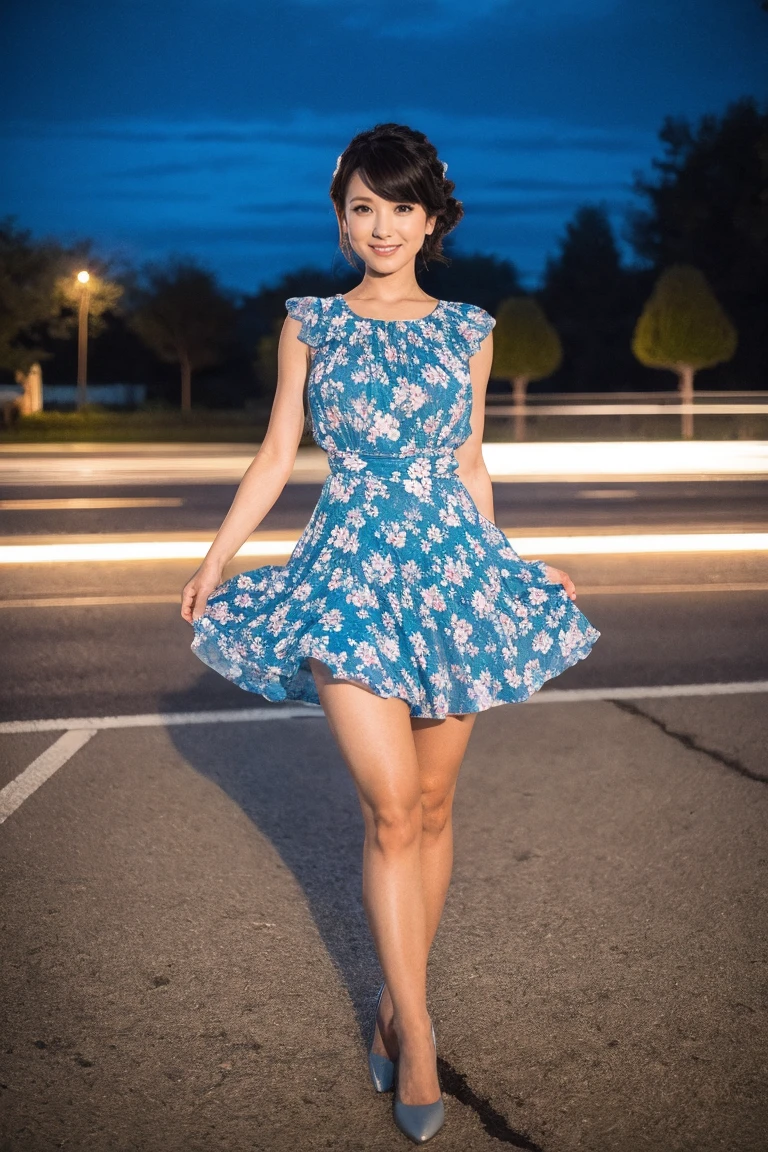 Familiar,Sharp lines,Best Quality, masterpiece、Night Parking、Dark Light、Canon Photo Crystal Clear ,（Realistically:1.2）, (Light blue floral casual mini skirt dress)、Action pose、Take a full body photo、A slow smile、Glamorous physique、Medium Layered Hair