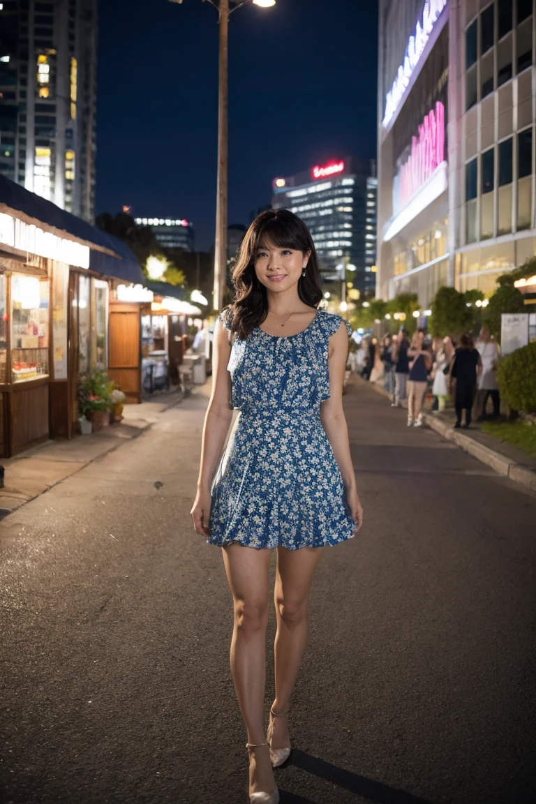 Familiar,Sharp lines,Best Quality, masterpiece、Night Parking、Dark Light、Canon Photo Crystal Clear ,（Realistically:1.2）, (Light blue floral casual mini skirt dress)、Action pose、Take a full body photo、A slow smile、Glamorous physique、Medium Layered Hair