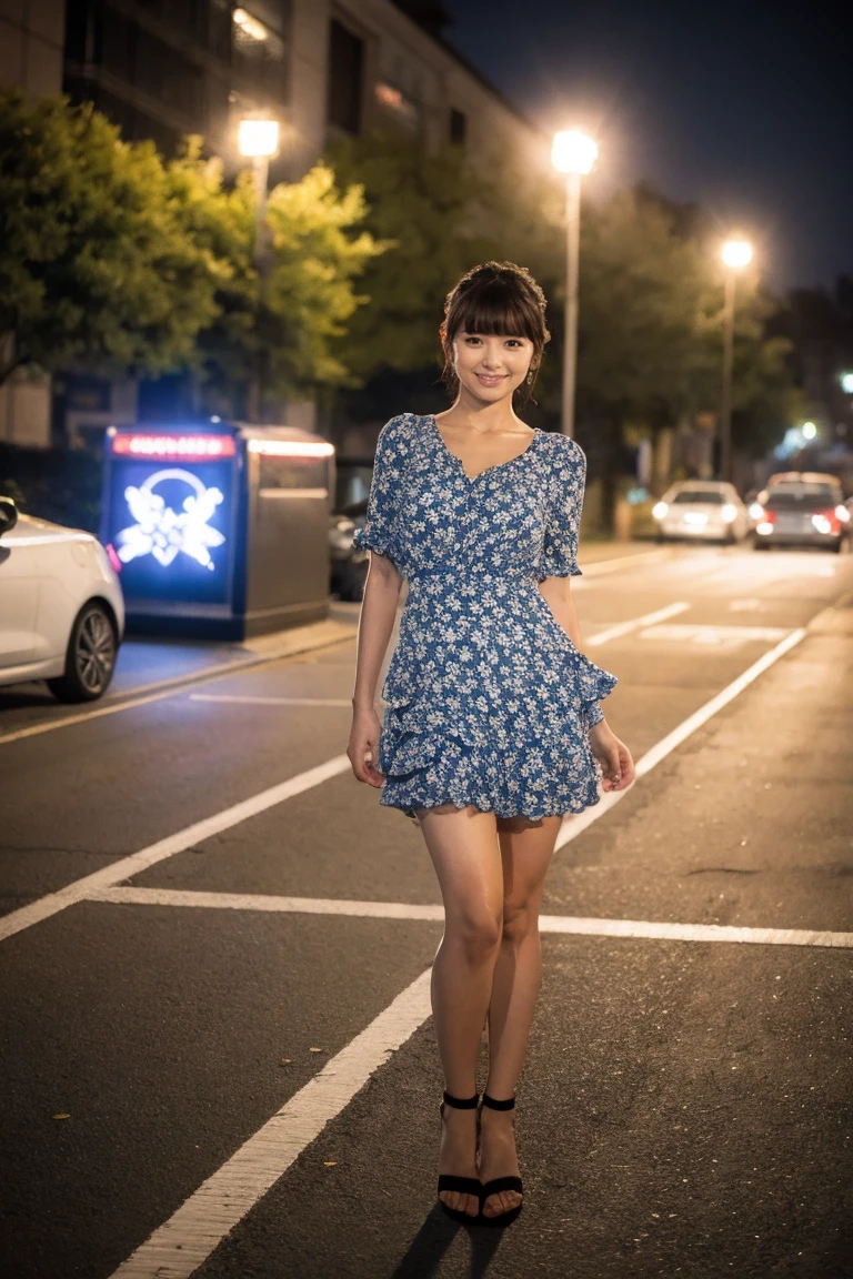 Familiar,Sharp lines,Best Quality, masterpiece、Night Parking、Dark Light、Canon Photo Crystal Clear ,（Realistically:1.2）, (Light blue floral casual mini skirt dress)、Action pose、Take a full body photo、A slow smile、Glamorous physique、Medium Layered Hair