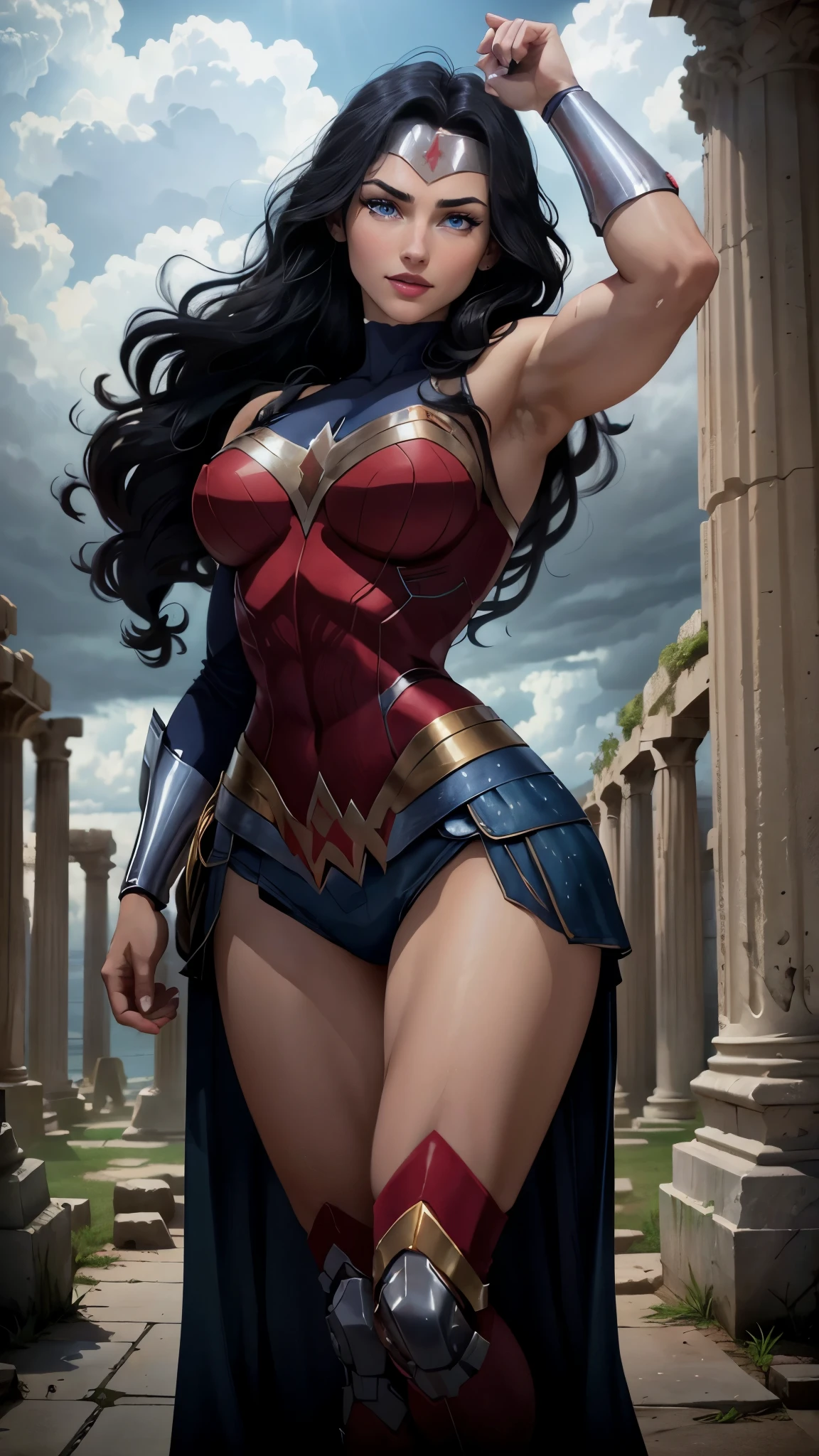 wonder woman da DC,(best qualityer,4K,8k,high resolution,work of art:1.2)(weather: cloudy), greek temple background, temple ruins, long curly hair, black hair, red top, blue micro shorts, red tall boots, diadem, spartan armor, dress trail, bracelets, long spartan cape, ultra detailed,portrait,realistic,beautiful detailed blue eyes, beautiful detailed lips,extremely detailed eye and face, long eyelashes,average,large breasts,flying hair,beaming smile, sexy smile,powerful girl, sexy pose, bright coloured, dramatic lighting,