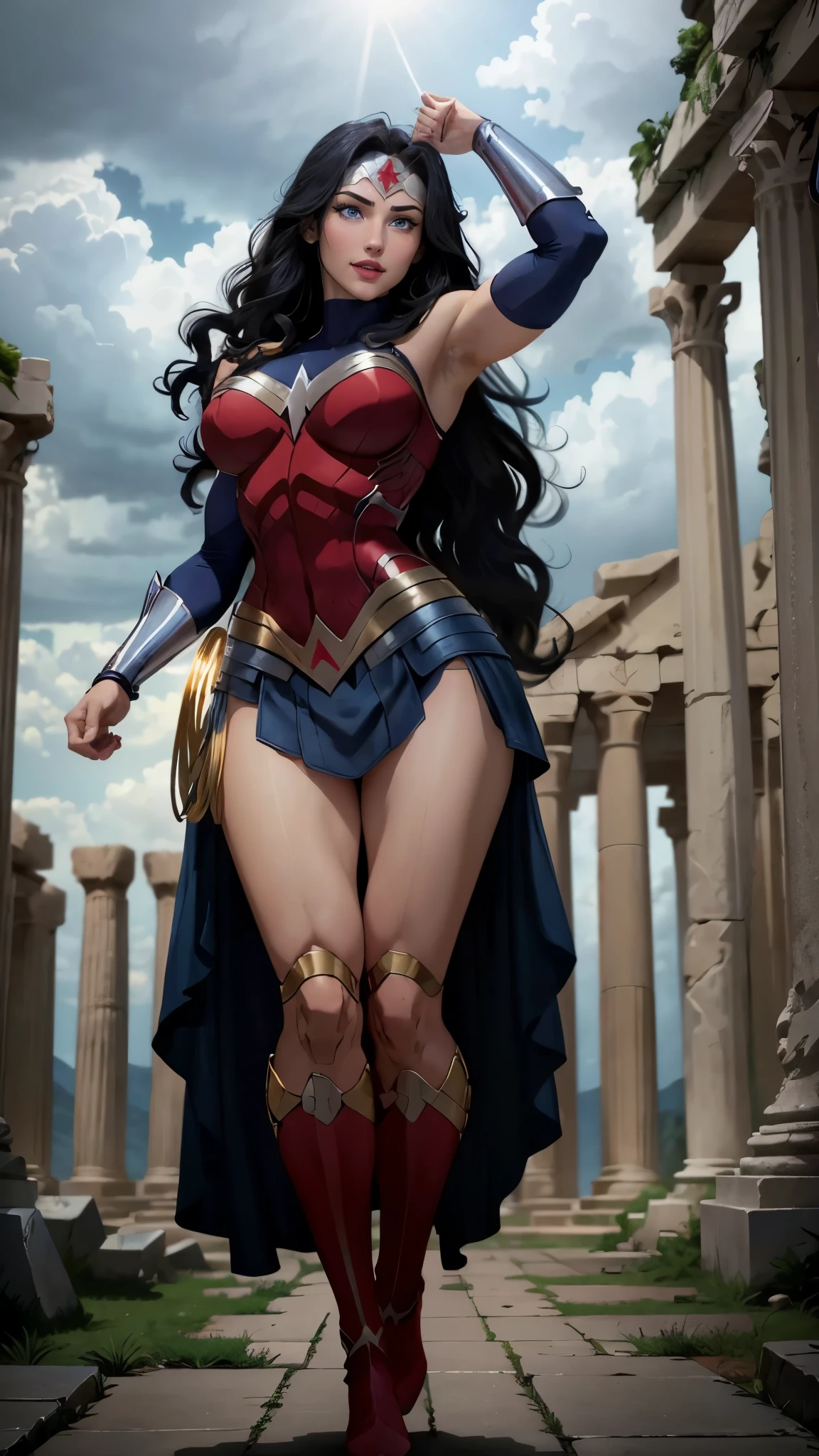 wonder woman da DC,(best qualityer,4K,8k,high resolution,work of art:1.2)(weather: cloudy), greek temple background, temple ruins, long curly hair, black hair, red top, blue micro shorts, red tall boots, diadem, spartan armor, dress trail, bracelets, long spartan cape, ultra detailed,portrait,realistic,beautiful detailed blue eyes, beautiful detailed lips,extremely detailed eye and face, long eyelashes,average,large breasts,flying hair,beaming smile, sexy smile,powerful girl, sexy pose, bright coloured, dramatic lighting,