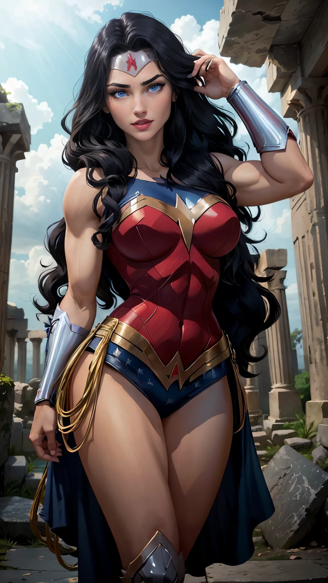 wonder woman da DC,(best qualityer,4K,8k,high resolution,work of art:1.2)(weather: cloudy), greek temple background, temple ruins, long curly hair, black hair, red top, blue micro shorts, red tall boots, diadem, spartan armor, dress trail, bracelets, long spartan cape, ultra detailed,portrait,realistic,beautiful detailed blue eyes, beautiful detailed lips,extremely detailed eye and face, long eyelashes,average,large breasts,flying hair,beaming smile, sexy smile,powerful girl, sexy pose, bright coloured, dramatic lighting,