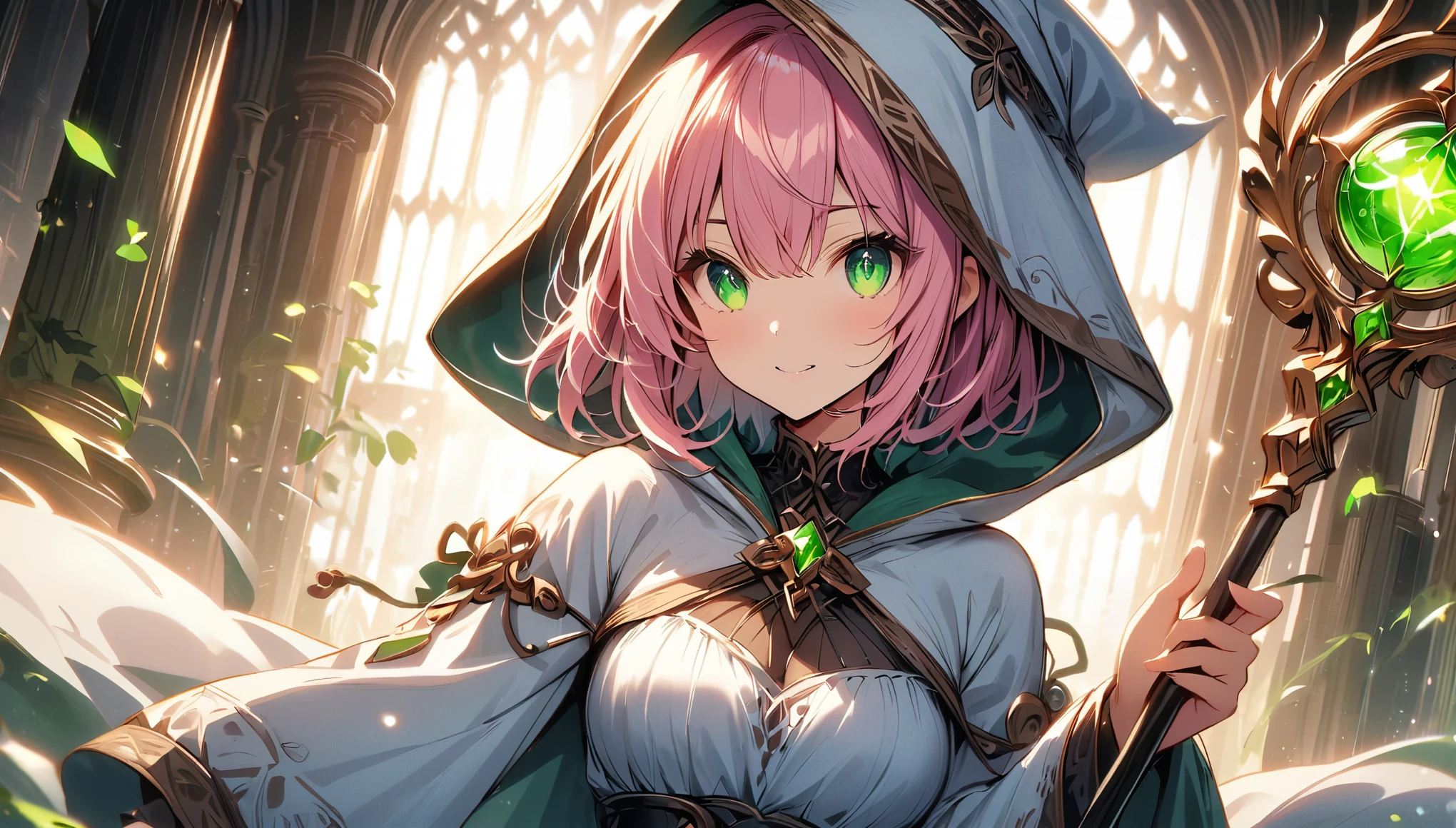 masterpiece,best quality, priestess, short hair,curly bob cut, detailed skin, pink hair, green eyes, perfect face, ((White_dress)), gold_ornaments, Staff , ((medium breasts)), smiling, 1girl, legs exposed, Perfect face, add_detail:1, add_detail:0, add_detail:0.5,