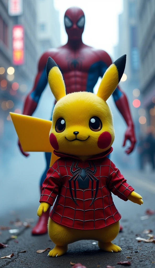 Picachu com roupa Jedi preta, segurando um sabre de luz amarelo, fundo cidade em ruinas