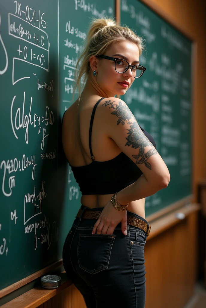 A young stunning Asian woman with blonde hair, topless and covering her breasts with her hands, wearing denim shorts, teaching a children’s math class at a public school, showing a full body black and white floral tattoo.