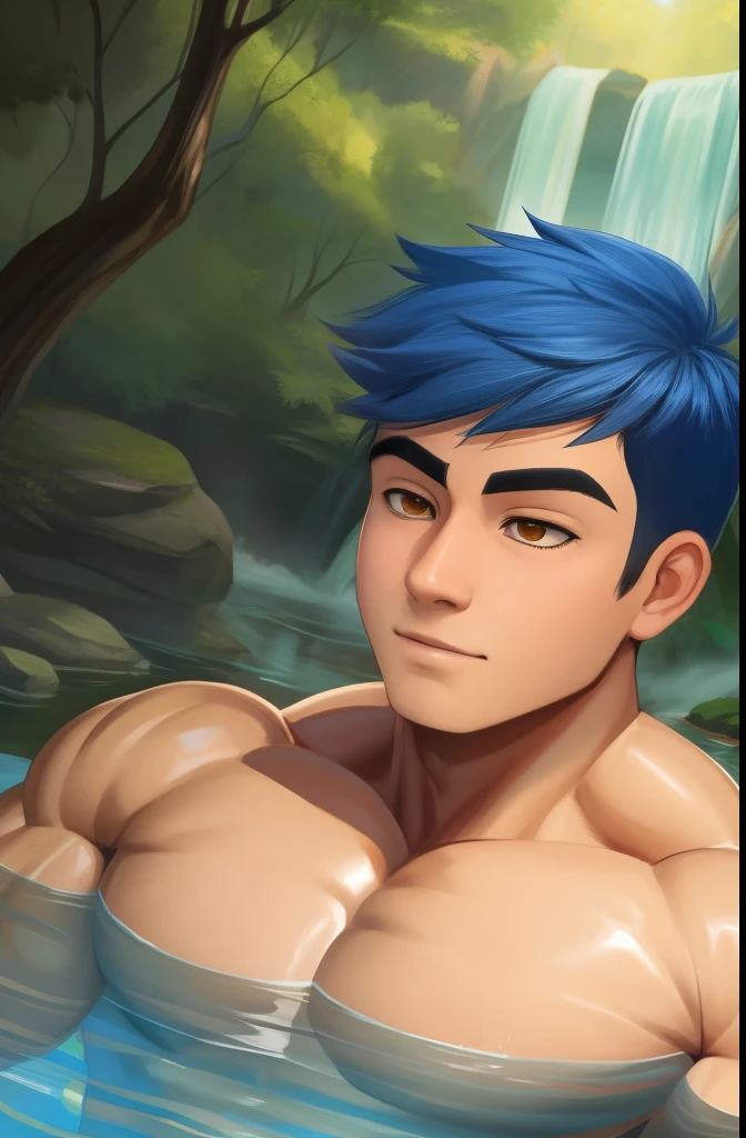 Tanned skin, tann boy. A teen (young face) in swamp forest. Bulging pecs, cobbled abs, brown trench coat, (brown trench coat) open trench coat, (open trench coat) bare chest, narrow waist, black pants and cloth belt without a buckle. 15 year old teenager (15 years old) very attractive boy, Mexican ethnicity. tanned skin, cobalt blue hair, (((hair shaved on both sides of his head))) young man, alone, marked muscles, beautiful musculature, aesthetic stretch marks, inspiring physique, slender muscles, square pecs, beautiful V-cone, excellent abs and torso, chiseled abs, pectorals chiseled, with his cobalt blue hair military haircut and voluminous neck, narrow waist, bare chest, shirtless, topless, blue eyes, young face, beautiful, young. teen muscular young bodybuilder with extraordinary biceps pectorals triceps traps, plump, Gigachad. (((MILITARY HAIRCUT, 4.4. Hair shaved on both sides of his head))).