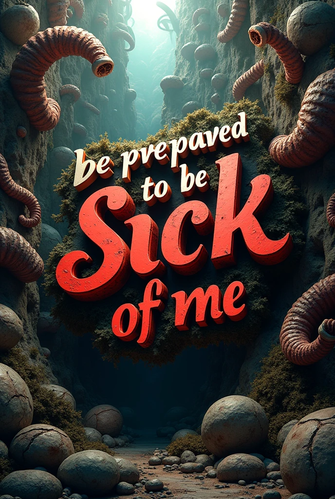 Design me a sign that says "Be Prepared To Be Sick Of Me" in 3D Wild Signature Logo on Wild Surrealistic Background With a Rustic Dystopian Scene