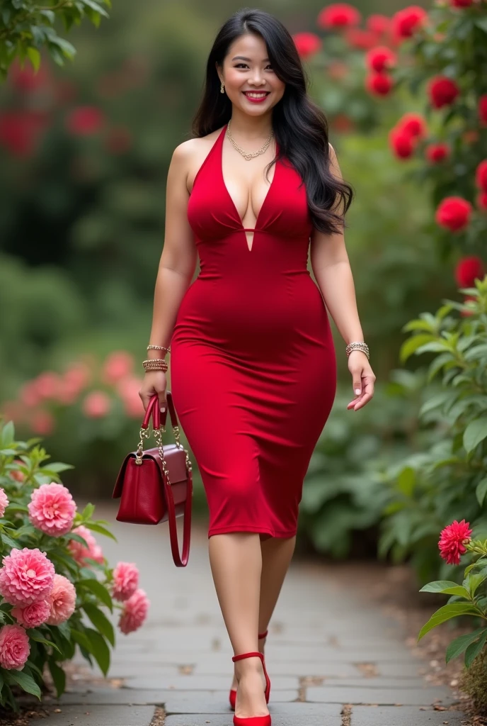 araffe woman in a red dress, magical outdoor location, lorena avarez, perfect body, green eyes, in a red dress, sexy red dress with massive slit in the centre revealing sexy legs, wearing a longv red dress, wearing a long red dress, tight dress, curvy hourglass figure, woman wears a long red dress, curvy model, long red dress, irina nordsol kuzmina, profile pic, curvy figure, huge breasts, tall, sexy pose.
