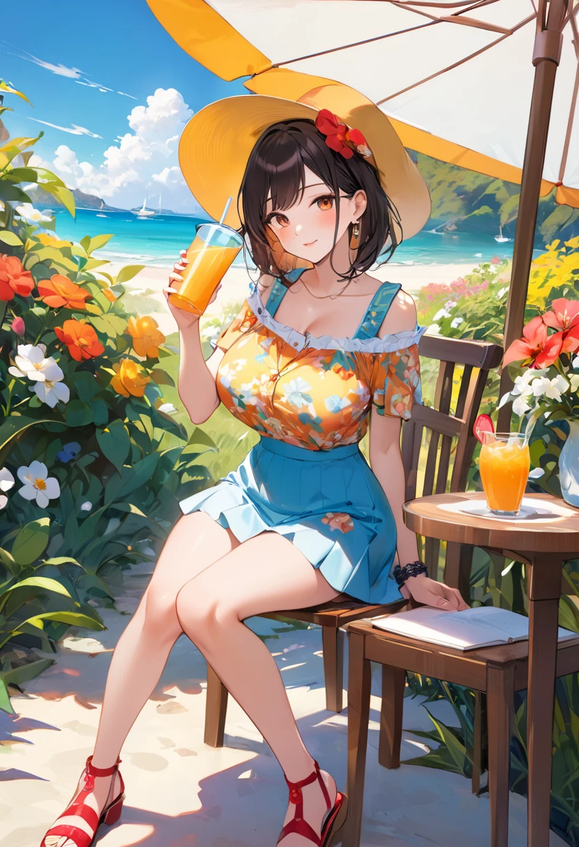 flatcolor,(masterpiece, best quality,ultra highres), japanese retro poster of a young lady with short hair in the style of a vintage print with the words "wiskey" written in the style of english on it,sitting, (has a wiskey glass in her hand),featuring a vintage bikini with a black and gold colour scheme in an anime style.
