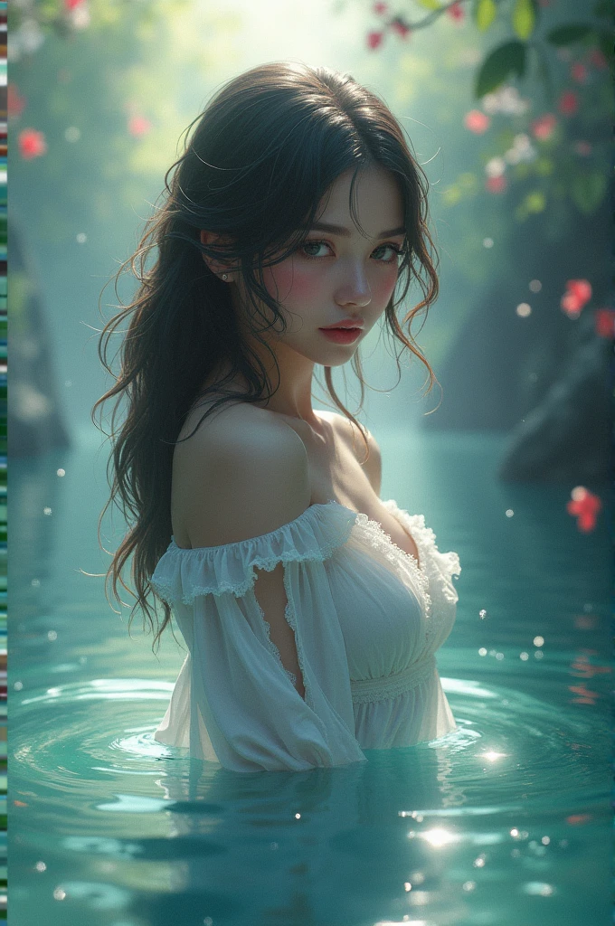 loose outfit、Show shoulders、Dark Color String Dress、How to wear a black gown、Decorated with intricate patterns and bright colors、Transparent material that makes the skin shine、Artistic depiction of seductive woman in gown with wet thin cloth and transparent skin, Floral and fantastic pattern with flowing silky traditional see-through skin。Her dress draped elegantly around her curvaceous figure、Emphasizes her charming silhouette。She's a gentle fireworks night、Dynamic Posing、Sexy Posing、bathed in the soft glow of moonlight。The scene is、With a hint of mystery and sensuality、It exudes an ethereal dreamy atmosphere。The image style is、Incorporates a blend of watercolor and digital illustration techniques.、It makes you feel delicate beauty and charm。Soft moonlit lighting、Cast gentle highlights and shadows on her mesmerizing features。Dynamic Posing、Bold poses、The hand is somewhere、see -through、show through、A sexy、Wet hair、Wet、（cherry trees、flower petals、cherryblossom、The cherry tree、Sakura Snowstorm 1.5）、buried、Transparent skin、Wet clothes、（Chest 1.2）、Navel Ejection、Swaying in the wind、Burgundy、pale red、（Slouch 1.5）、Lace colors、lace choker、a choker、Lie on your back on the surface of the water、New lining、