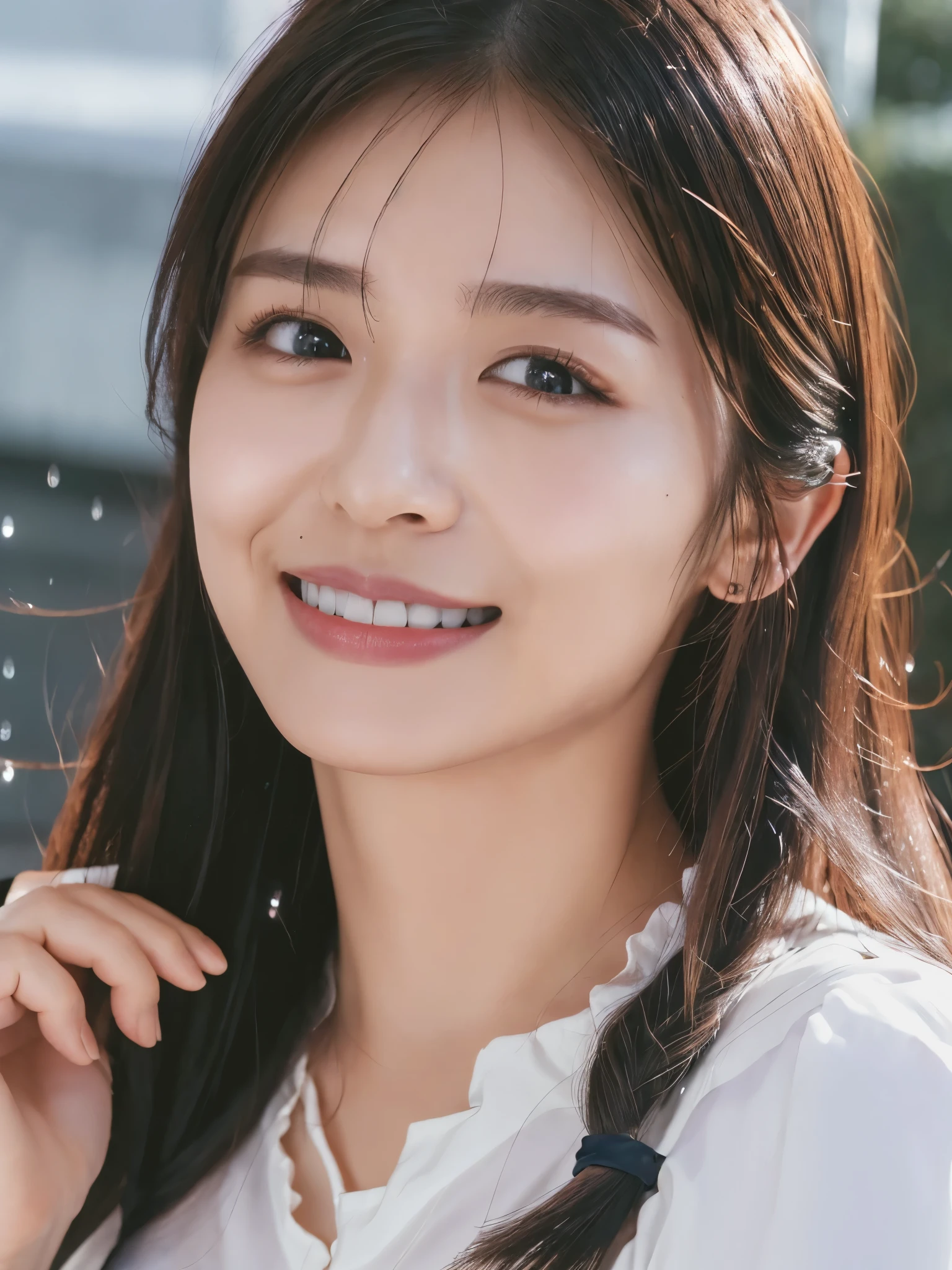 A woman with long hair and a white shirt smiling - SeaArt AI