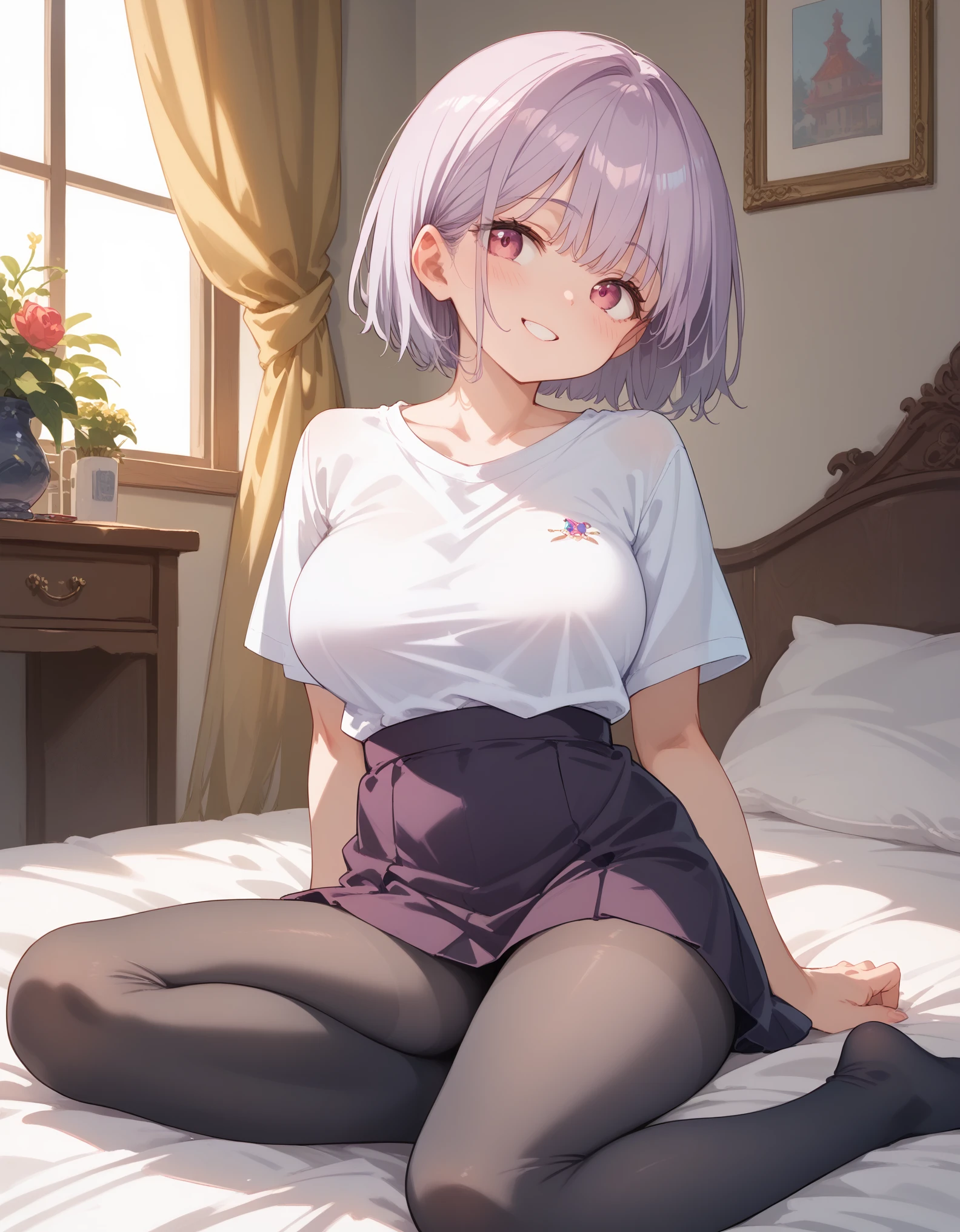 ((Best Quality)), ((masterpiece)), (detailed), 1 girl, Light purple hair, wide,Short Hair 、 Pink eyes, tight, Big Breasts, Thick thighs, Facial Expressions Smiling Shy, White Voting T-shirt, Purple Skirt, Brown Pantyhose, at home, Sitting on the bed