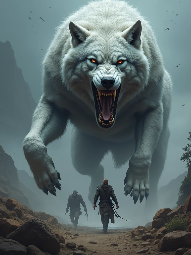 I want an epic image of Fenrir and Hel, Jörmungandr together