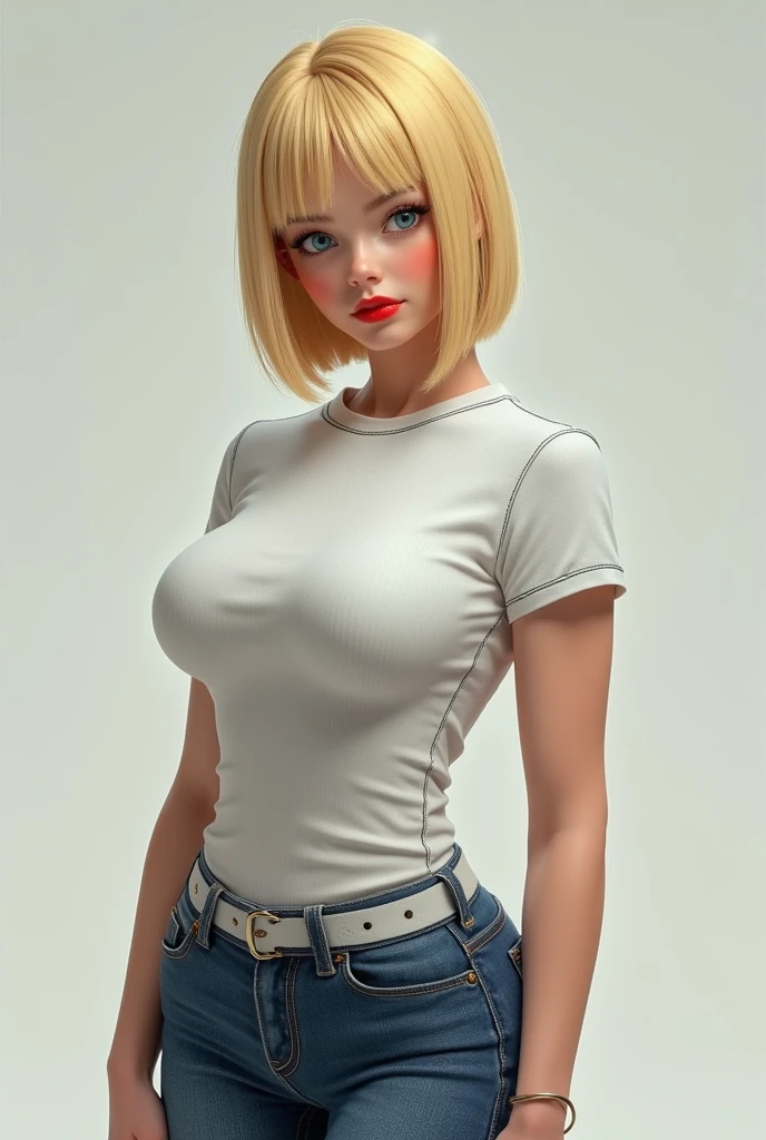 hyperrealism, (Photorealistic:1.2), (Photorealistic light:1.3), masterpiece, Best quality, perfect detail, professional photo, realistic photo, Raw photo, Realistic style, detailed face, gorgeous blonde, 25 years, a slim body, thick thighs, Thin waist, big breasts, topless, White shorts, posing, Against the background of a white wall, White background, searchlight, стиль 90-х, I look at the viewer.