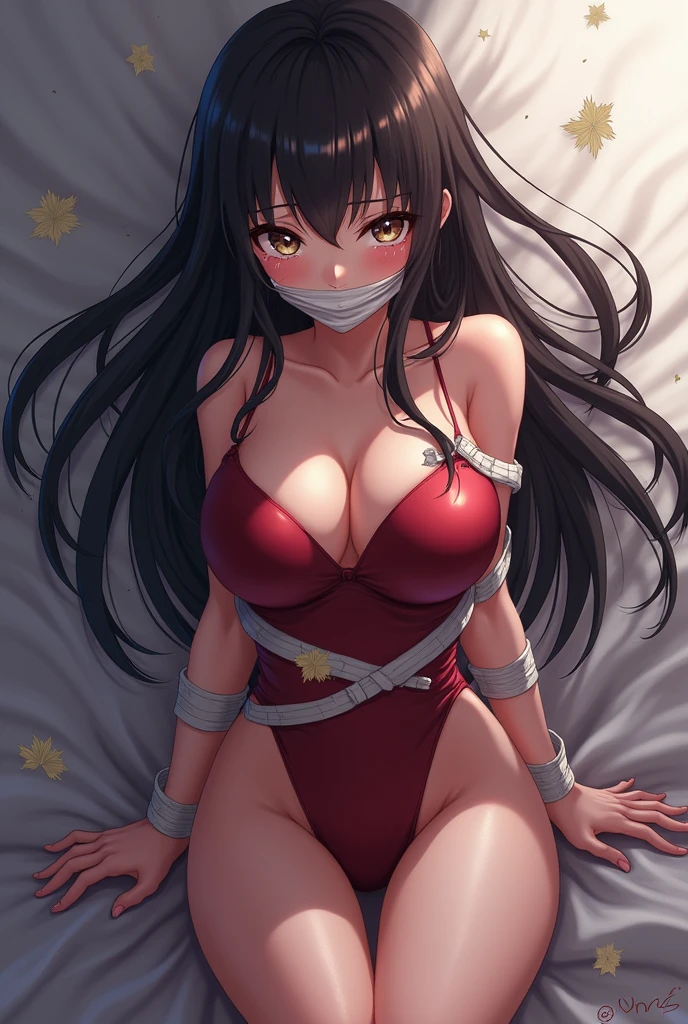 solo, long hair, Long twintails, Haare nach gebunden, breasts, looking at viewer, large breasts, black Short dress, 1girl, cleavage, earrings, Boa Hancock, Schwarzes Haar, sehr lange Haare, loose hair, Brüste, large Brüste, Ohrringe, blue eyes, detailed beautiful face, very big breasts, (laying in a bed), big ass, shakles connected to ropes, w-w-chain, blushing, cute, hands over the head, detailed face, erröted, whole Body shibari, beautiful tied Up, bondage, Red ropes, otm Gag, gagged, black gag, black blindfold