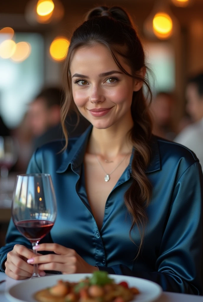 masterpiece, 1 extremely beautiful girl dressed very hot for going to club, in Italy, smiling, holding a glass of wine in her right hand, 20 years old, detailed eye, brunette with blue undertones, curve cut hairstyle, top-quality, high resolution (Realisticity: 1.4) tall ( 5 ft 9), skinny, fit, tanned, beautiful hands, long legs, tanned, detailed blue eyes, cinematic lighting, european beauty, italian, super beauty, beautiful skin, body facing forward (A hyper-realistic). (8K). (detailed). (beautifully detailed eyes), (ultra-detailliert), (wall-) (Natural smile), beautiful white teeth, very beautiful hair. A detailed face, bright lighting, professional lighting, facing straight ahead. (The costume is hot and fashionable). Extremely realistic photo