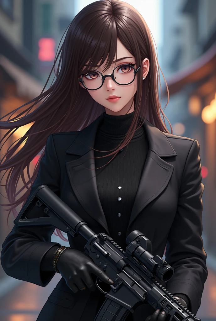 Wearing a long black coat，There is a red flower brooch on the collar，Wearing a red skirt，Wear red gloves，woman with gun in hand, Wearing red sunglasses, spy, Brown hair，ue5 render，3D Rendering，Cartoon Style