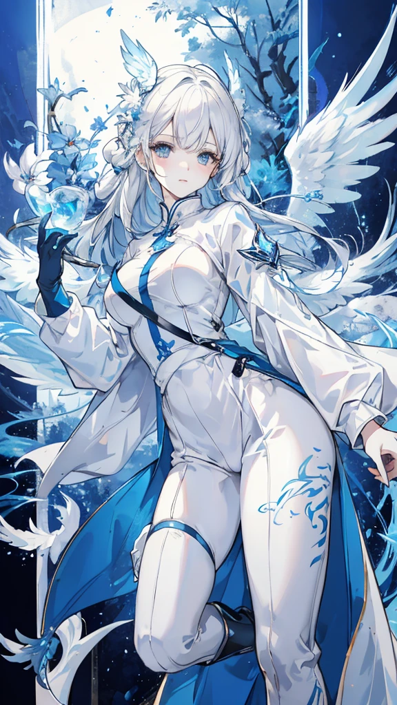 snow white hair，Blue eyes，White military uniform and light blue windbreaker，frozen dragon wings，White Ice Dragon