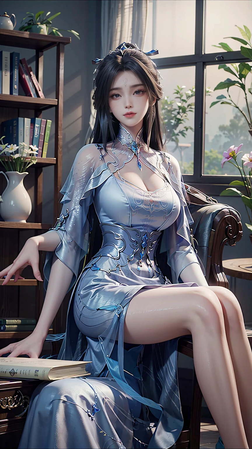 A beautiful woman sitting gracefully, ((Visible cleavage)), realistic style, detailed and rich textures. She has long, flowing long white hair, expressive eyes, and a warm smile. Her attire is elegant, with intricate patterns and delicate fabric. She is sitting on a vintage armchair, surrounded by a cozy, well-decorated room with soft lighting. The background includes a bookshelf filled with books, a vase with fresh flowers, and a window showing a serene garden outside. Her posture is relaxed, with one leg crossed over the other and her hands gently resting on her lap. The scene is bathed in natural light, highlighting the fine details of her features and the surrounding environment. Anatomically correct