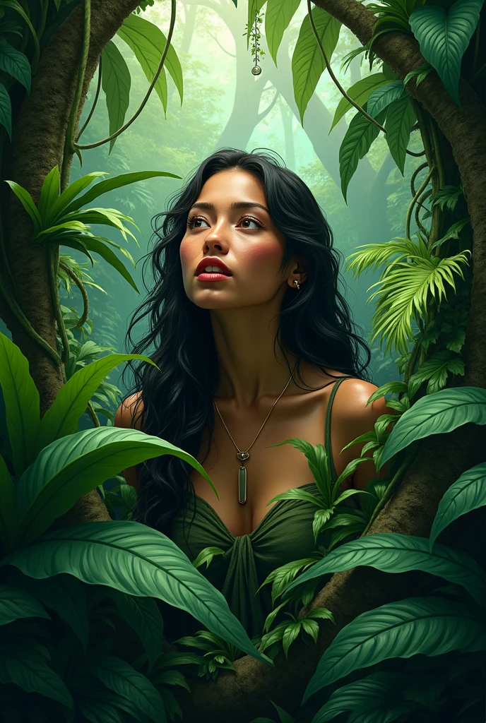 Woman photo essay in jungle environment, estilo desenho cartoon, detalhes intricados, contorno preto, fundo da imagem preta