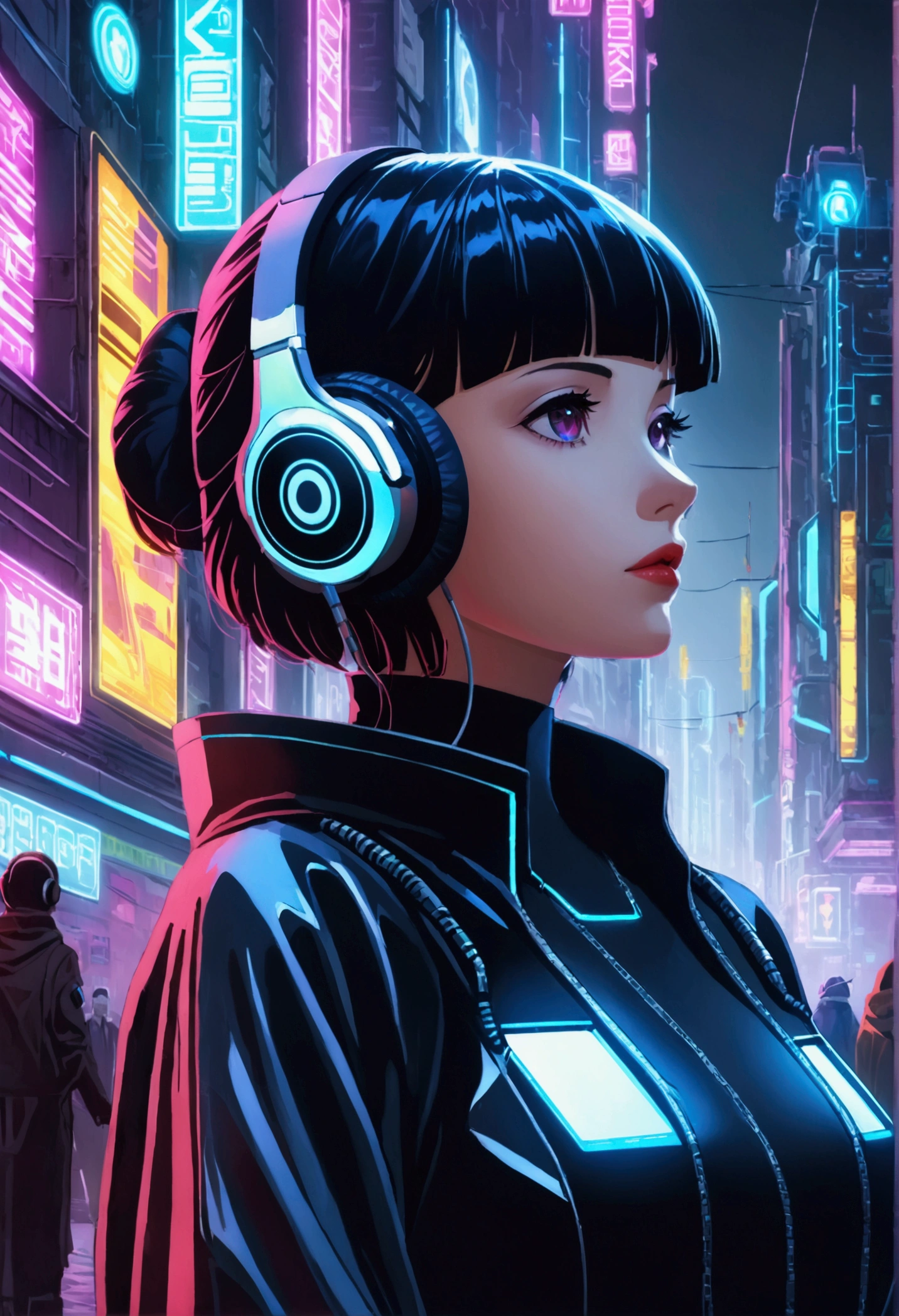 a woman with headphones next to a robot, Cyberpunk Art, robotic city, retrofuturism, Ilya Kuvshinov, sci-fi, futurist, vibrant, photo<xml><input>realistic</input></xml>, <xml><input>realistic</input></xml>, dramatic, cinematic lighting, sharp focus, 8k