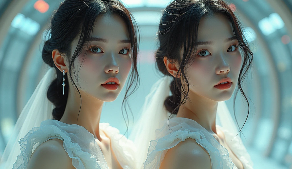 /I in style of 3D digital illustration, ethereal Shanghai girl, side-by-side comparison, showcasing technology and reality,The illustration on the left depicts her real face the illustration on the right reveals robot face,front view, symmetric, volumetric lighting,minimalist, solid background, high contrast, ultrahigh definition. --ar 3:4 --niji 6