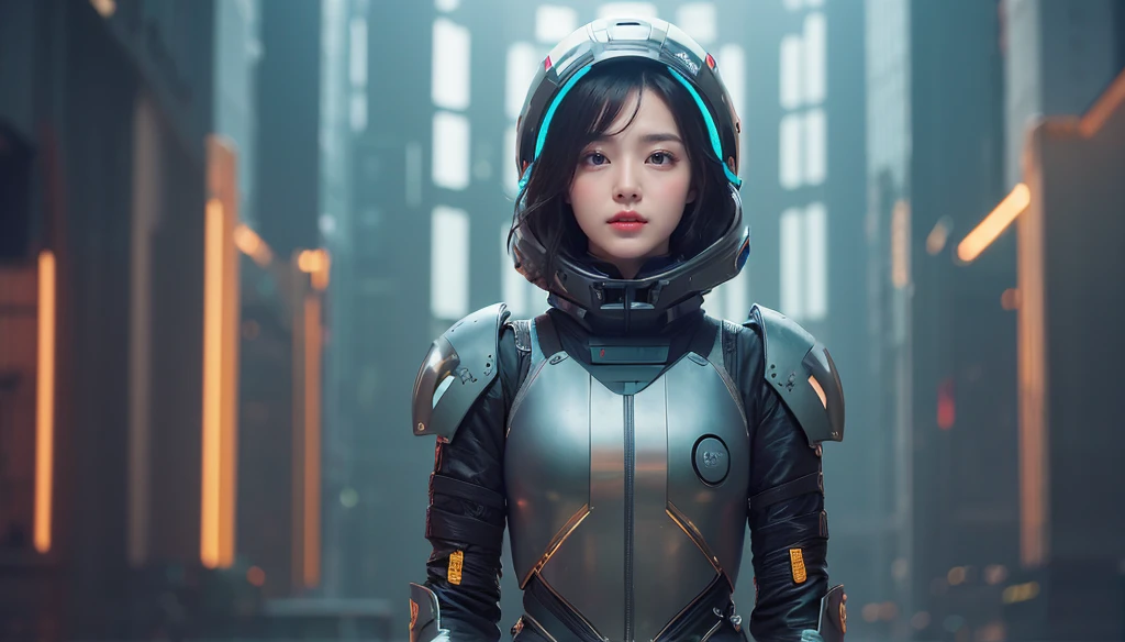 Masterpiece,High image quality,8k,Perfect Face,Perfect body。Futuristic costume、A healthy, flushed android female, 20 years old。Future city skyscrapers。A realistic Hollywood movie live-action drama。