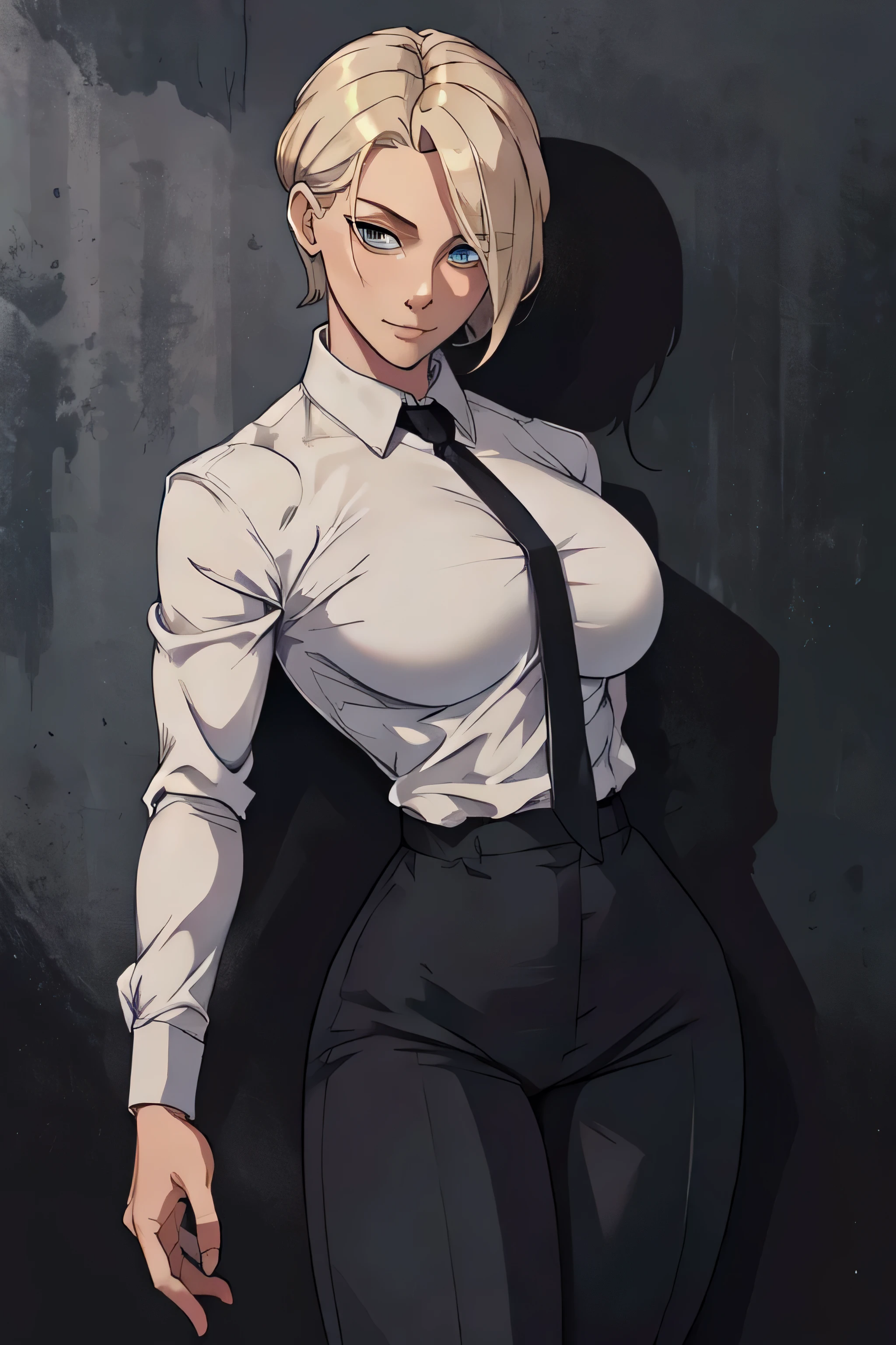 Girl with short blonde hair, blue eyes, wearing A white dress shirt, breasts, with a black tie, defined body, wearing black dress pants, defined waist, hips, collared shirt