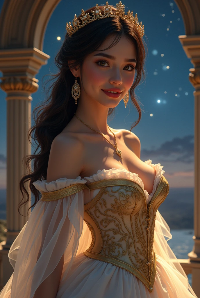 Best quality, masterpiece, ultra high res, (photorealistic:1.4), raw photo, 1girl, 30 yo woman, off shoulder dress, smile, glamorous clothing, country lane, vivid starry sky