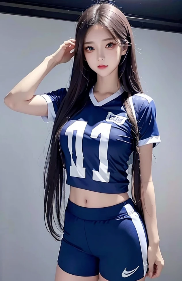 Very huge Breasts,extremely long hair,very sexy,hair extremely long ,knee long socks,,very sexy body,huge thighs,very tight mini-skirt, purple small cheerleading uniform,surrounded by 5 dude