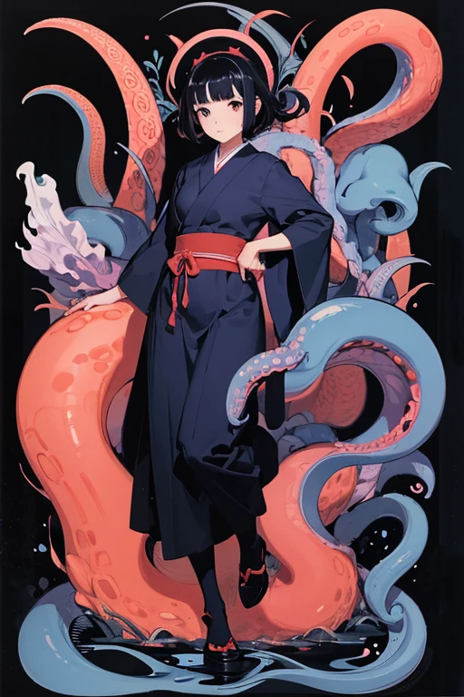 (best quality, masterpiece), (extremely detailed:1.3), (1girl:1.4), HDR, <lora:Cthulhu:0.7> monster girl, demon girl, horns, kimono, tentacles, smug face, full body,