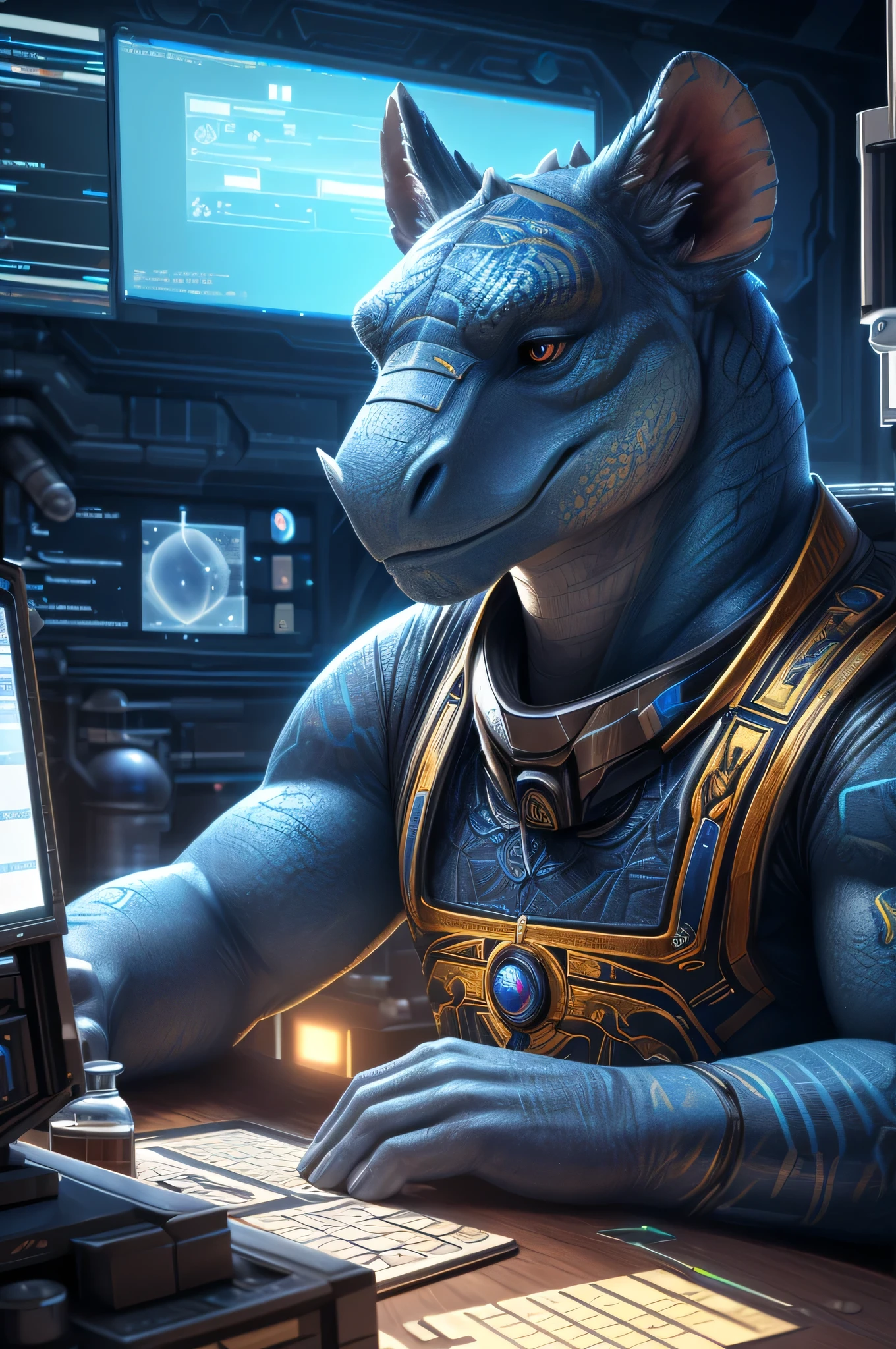 A blue dinosaur with an intellectual face, detailed scientist outfit, Round eyes, big nose, chemistry tattoos, carrying a smartphone, in a space computer room, (best quality, 4K, 8k, high resolution, masterpiece: 1.2), ultra detailed, (<xml><input>realistic</input></xml>, fotor<xml><input>realistic</input></xml>, fotor<xml><input>realistic</input></xml>: 1.37), Fantasy, digital painting, conceptual art, intricate details, bright colors, dramatic lighting