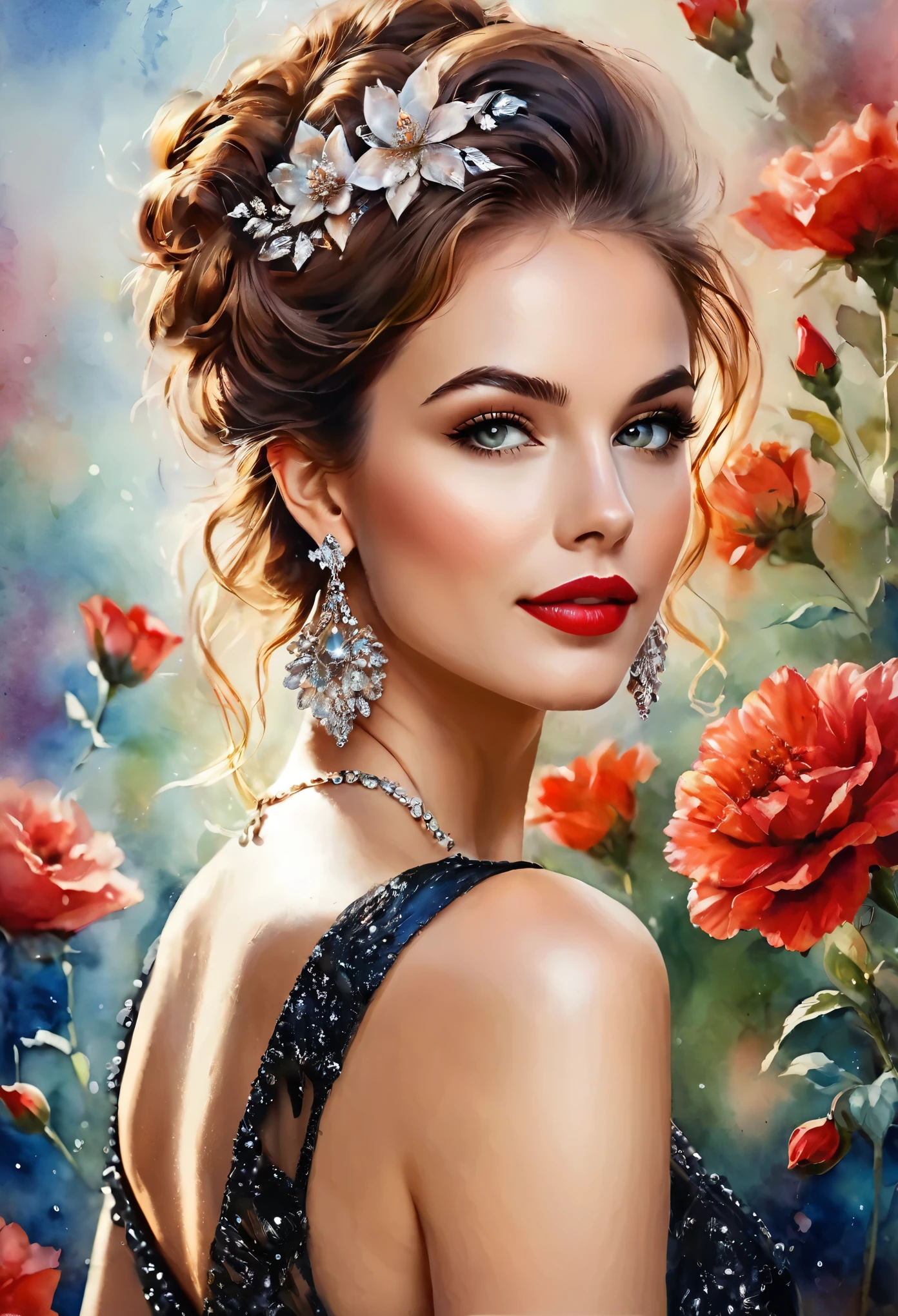 Watercolor paint, A masterpiece. beautiful and realistic woman, detailed face, crystal clear amber eyes, red lipstick, flowing brown hair, dried red flower in hair, delicate earrings and necklace, red and black shiny satin floral dress, exposed shoulders, flower background, portrayed from the knees up, Stunning image, Bokeh background, Ultra HD.