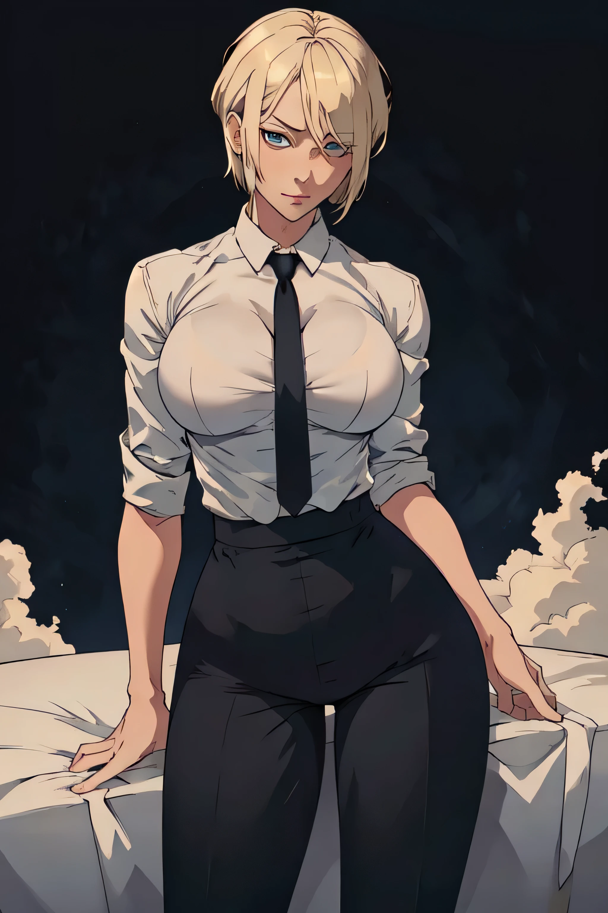 Girl with short blonde hair, blue eyes, wearing A white dress shirt, breasts, with a black tie, defined body, wearing black dress pants, defined waist, hips, collared shirt