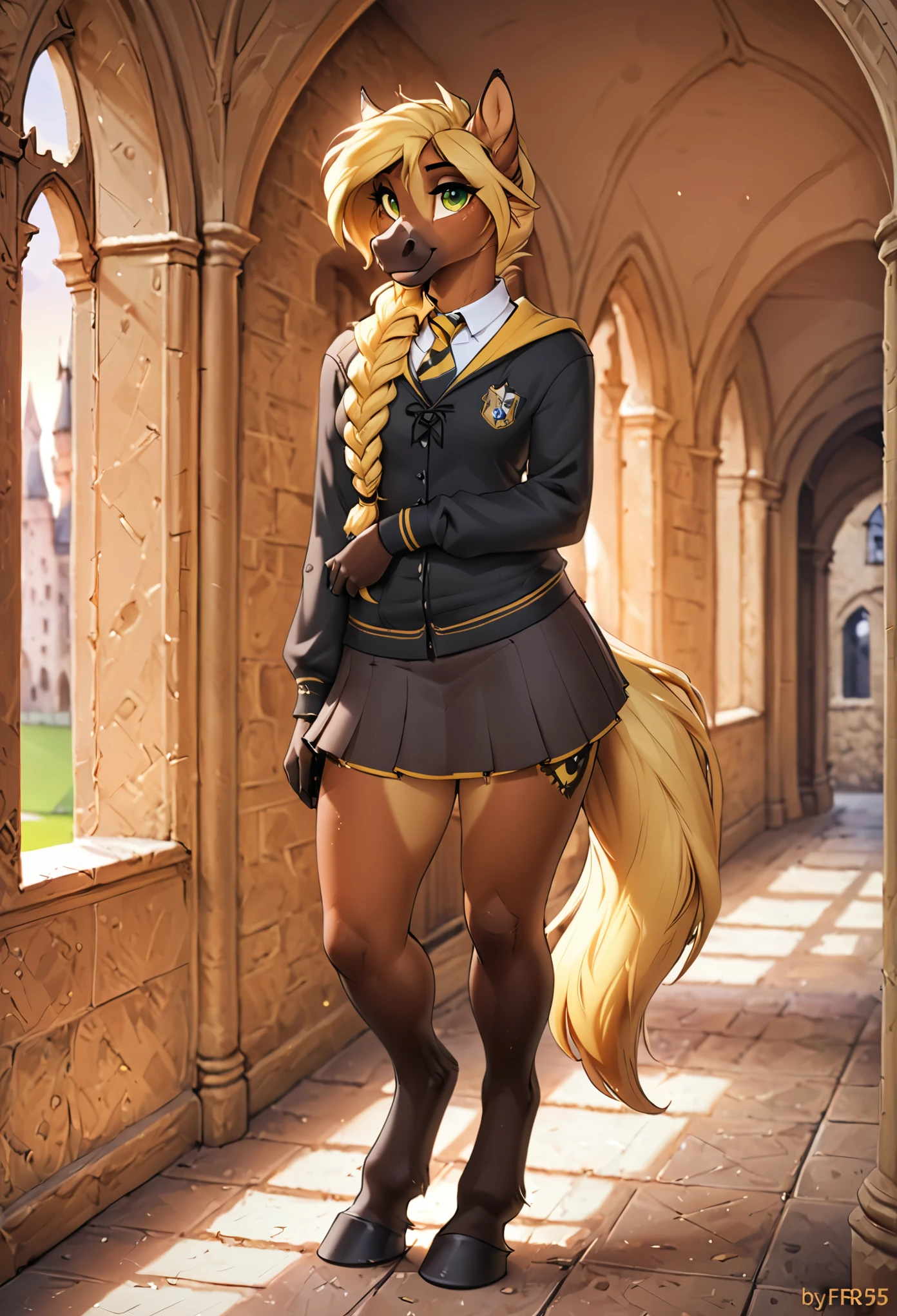 in the style of f-r95, in the style of zaush, in the style of binxxy, solo, (anthro), female, horse, blond hair, blond tail, braided ponytail, braided tail, bay horse, dun horse, brown fur, brown belly, (dark brown lower legs), digitigrade legs, hooves, white blaze on nose, green eyes, evening lighting, standing, posing for a picture, smiling at viewer, hogsks. hogwarts uniform, hufflepuff, pleated skirt, black robe with yellow trim, castle corridor, hufflepuff uniform, hufflepuff emblem, black robe