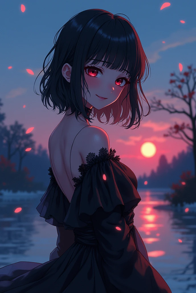 (best quality, masterpiece), 1 girl, intricate details, Beautiful and delicate face, (tiny micro bikini:1.2), perspective, looking at the audience, (pond in evening), blush, open mouth, black hair, Medium long hair, blunt bangs, happy, permanent, colorful sunset