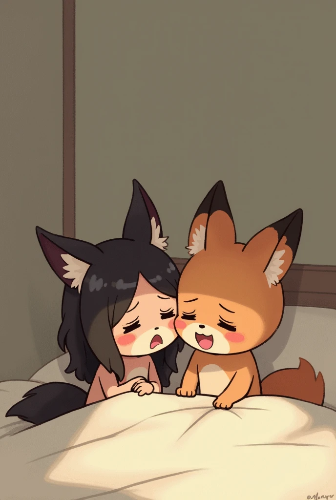 Dog boy and fox girl, 4K quality, High resolution,                Holding hands, Deep Kiss,Drooling, Wearing a red collar,       Feelings of love,Cute face,Crying in bed, 