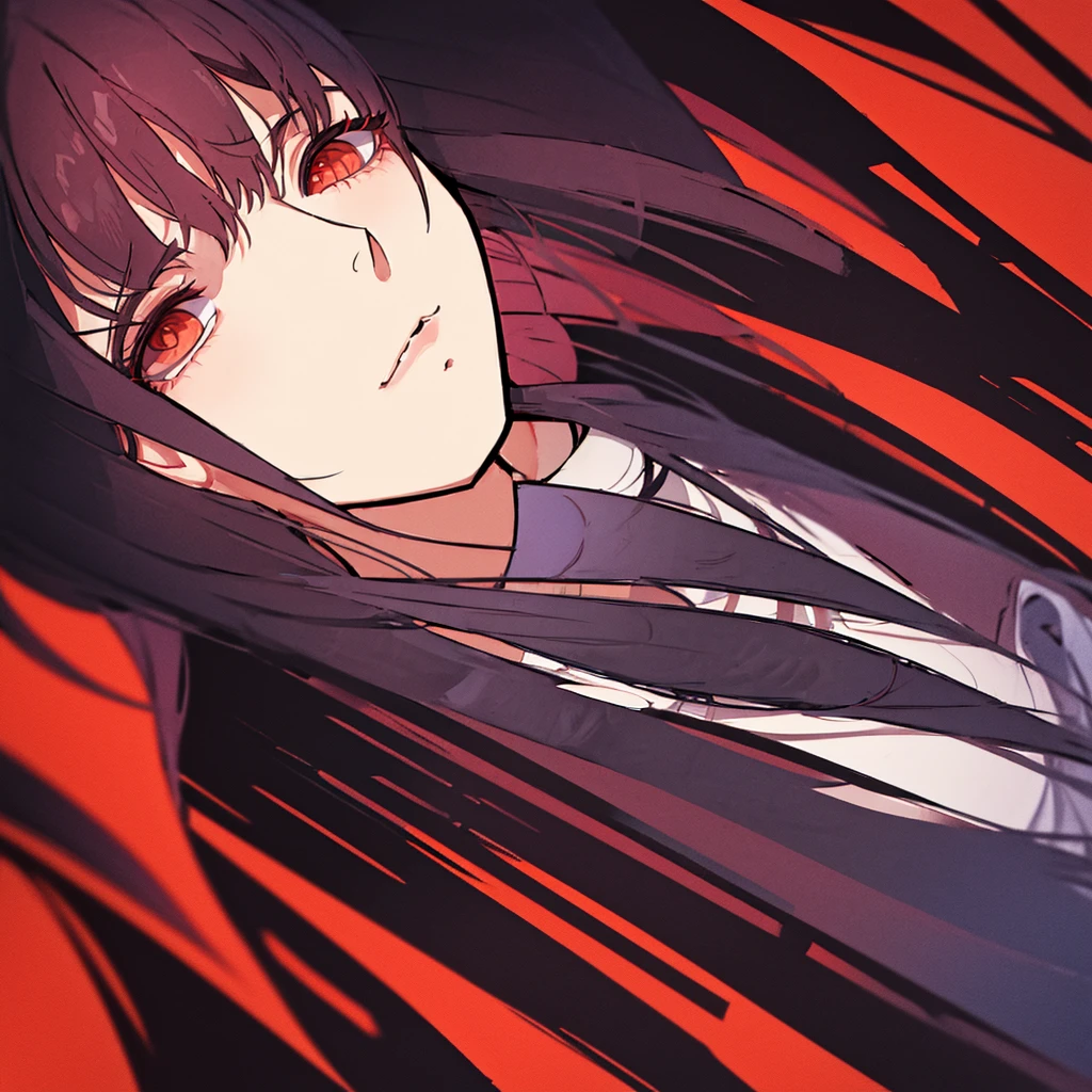 Priestess, black long hair, dark circles under eyes, cold eyes, narrowed eyes, purple eyes, black long flowing garments, wide smile, covered in blood, slightly, ominous feeling, , laying on table, hands over neck, seductive pose