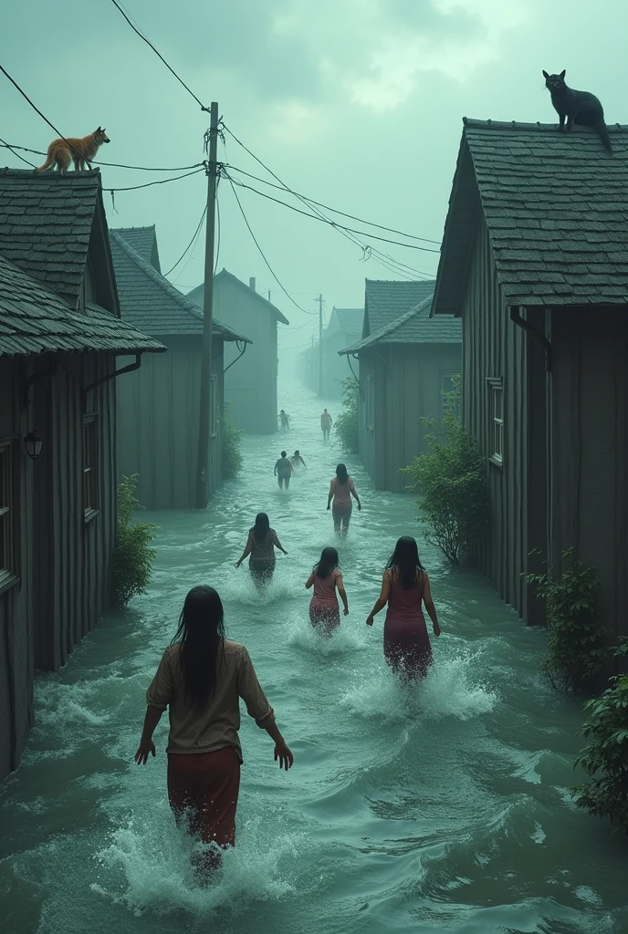 Flood going on..water everywhere people ar helpless...children ar crying..a teenage girl watching all these at the front.... The girl is crying seeing her home going under water
