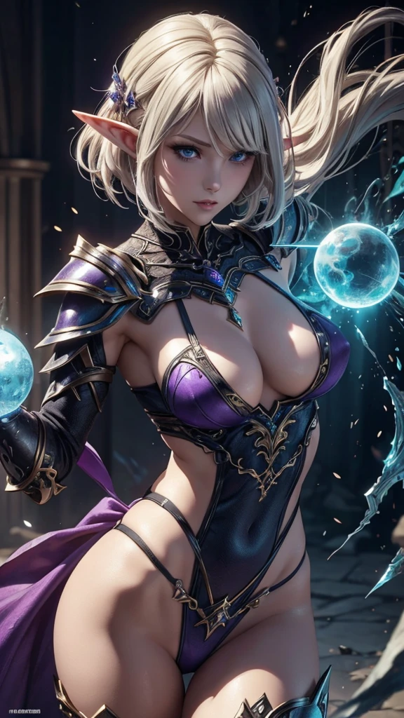 8k,Super beautiful elf with short blonde bob hair、Super Beauty(Like the real thing),Ala-fed woman in purple and black costume posing with a sword、Super detailed Fantasy Characters、3DレンダリングCharacter Art,blue eyes、artgerm;3D Unreal Engine、Fantasy Costume,Detail Fantasy、Stunning Armor、Fantasy Characters、Stunning Character Art、Enchanting female mesmer、Gorgeous Female Paladin、Ultra-high resolution、Ultra-Realistic Skin、Beautiful expression、Sexy appearance、Enchanting、Beautiful small breasts,Rich colors、Backlight、Cinema Lighting、Film Grain、50mm Lens、Nikon D850、Ultra-high resolution、Ultra-realistic fantasy art,Character Art、Dynamic fighting poses、In a dimly lit dungeon、Makeup、Elf Ears,Very muscular and slim body,Very very strong abs,Silver hair ornament(one point),