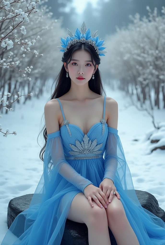 ((highest quality、table top、8K、best image quality、extremely complex and detailed depiction))、The most extravagant and luxurious giant tiara、The most extravagant and luxurious giant necklace、(The most gorgeous real mermaid:1.1)、(snow forestの池:1.1)、(A mysterious pond in the forest:1.1)、(the most beautiful perfect mermaid tail:1.1)、(real accurate mermaid tail:1.1)、(Intricately sparkling, authentic and detailed scales:1.1)、small cleavage、glowing skin、(The finest goddess&#39;s transparent and shining sleeves:1.1)、(Super high-definition rainbow-colored scales:1.1)、elegant decoration、Diamond decoration、artistic decoration、finest jewelry decoration、Luxury beyond imagination、the most luxurious decoration in the world、shining snow、Shining blizzard、Fantastic snowscape、Snow like a jewel、Diamond dust、The most realistic and complex background、Highly detailed and realistic background、look at me and smile、(pure white skin:1.1)、Pure white makeup、(accurate anatomy:1.1)、Photo above the waist、キラキラと微細にshining snow、epic movie lighting、the most delicate sparkle of snow、beautiful forest covered in snow、(美しいfantastic starry sky:1.1)、epic movie lighting、fantastic starry sky、starry sky in snowy mountains、It&#39;s snowing、snow forest、(A fantastic beautiful pond:1.2)、(Light blue mist:1.1)、blurred background、portrait photography