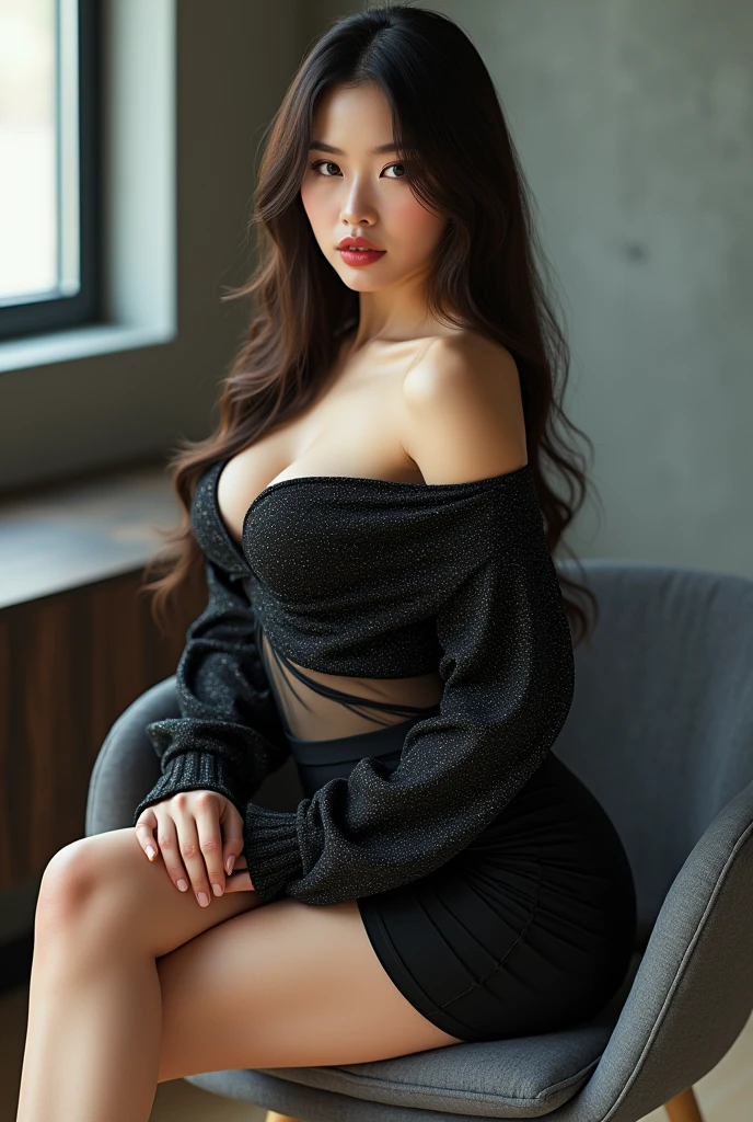 (full body shot:1) photorealistic image of a woman, ultrarealistic, photography, straight long black hair, asian woman, beautiful cute asian 20 years old woman, hourglass figure, perfect body, Flirty look, natural big ng eyelashes, cat eye make-up, double eyelids, sexy pose, erotose, seductse, big breasts, big tits, exy glitter seng sleeves med lenth skirt,, in her big room, makeup, playing with makeup , makeup on vanity