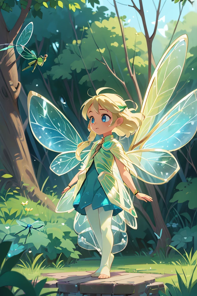 (((fairy, dragonfly wings, transparent wings, solo, girl, ,fantasy clothes,ranger,ranger clothes, blonde hair))), fantay clothes,blue eyes, blonde hair,long hair 110 centimertes heigth,fairy, child, , masterpiece,(((fullbody))),cute, fantasy, pixiv
