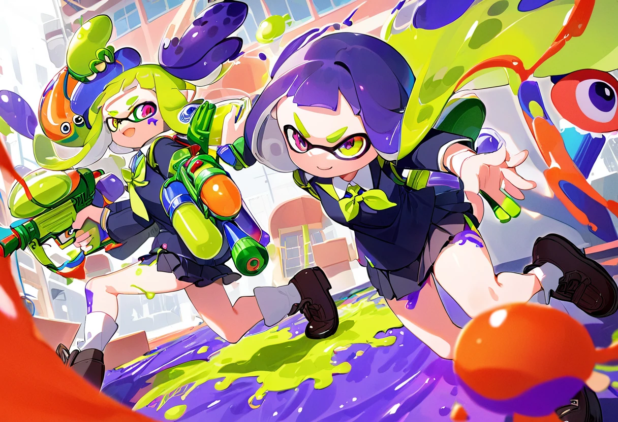 (masterpiece, best quality:1.1), popart, (many Inklings(from "Splatoon") are playing Splatoon pretend in school playground),wearing school uniforms, a lot of ink on their bodies,playing with paint on each other using water-gun and ink-gun,splattered ink,colorful,great joy,volumetric lighting, dynamic pose,sharp,