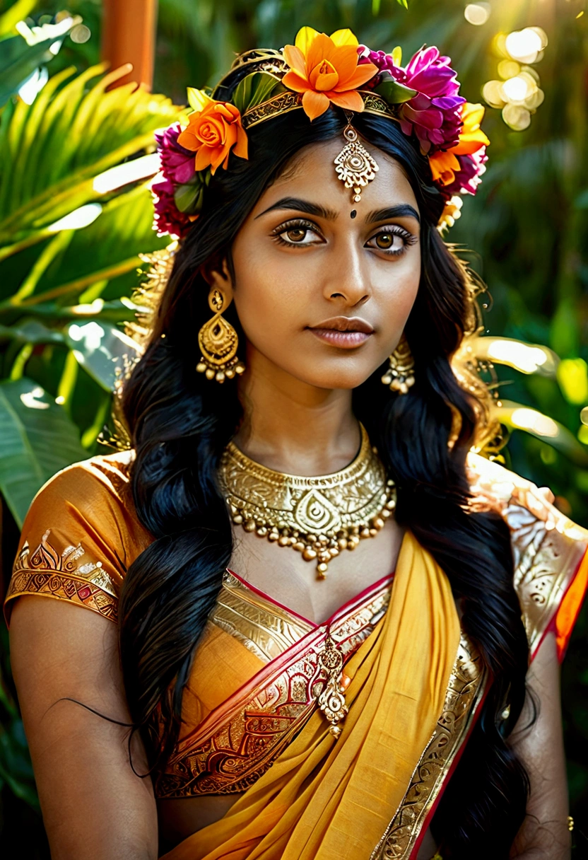 a beautiful young indian woman, detailed face, piercing eyes, full lips, long eyelashes, long dark hair, flower crown, sari, golden jewelry, serene expression, intricate henna patterns on hands, lush tropical garden background, golden hour lighting, (best quality,4k,8k,highres,masterpiece:1.2),ultra-detailed,(realistic,photorealistic,photo-realistic:1.37),vivid colors,cinematic lighting